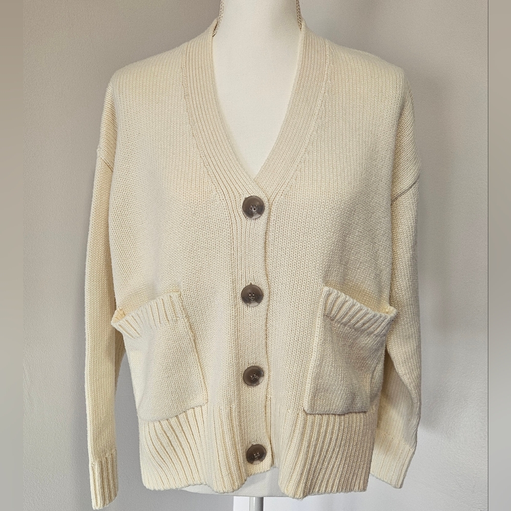 The Drop Chunky Knit Cream Button-Up Cardigan With Pockets Womens Size Small